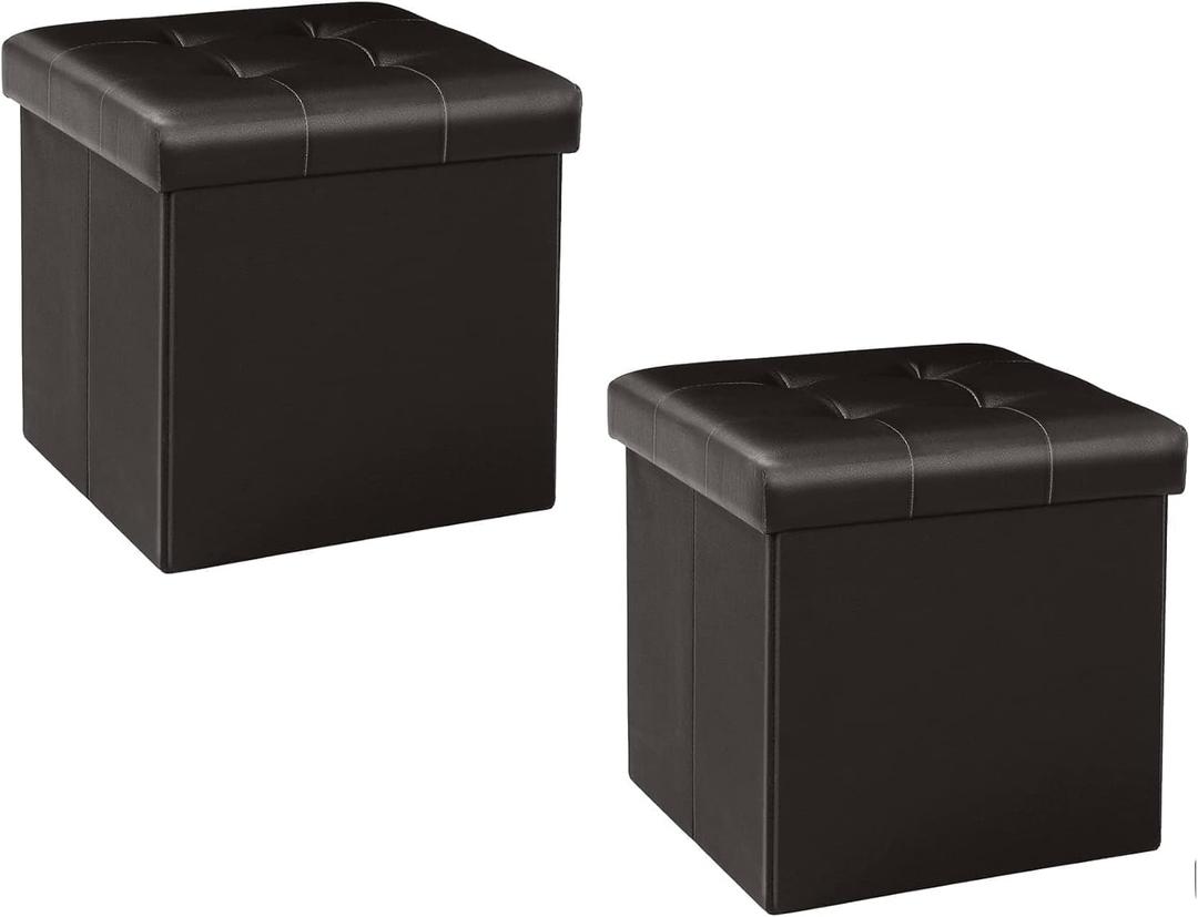 B FSOBEIIALEO Storage Ottoman Small Cube Foot Rest Seat Faux Leather, Brown 12.6"X12.6"X12.6" (2 Pack)