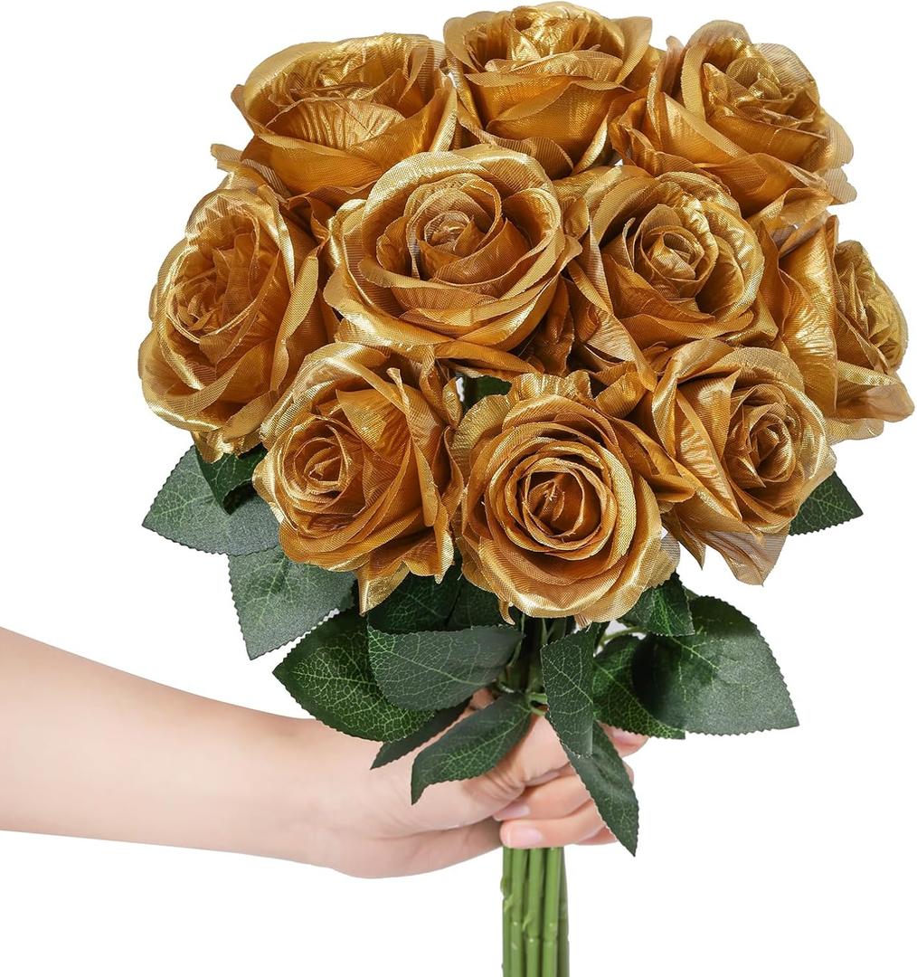 LFF 10Pcs Metallic Gold Roses Artificial Flowers, Faux Silk Roses with 21.2" Long Stems & 2.36" Large Blooms, Lifelike Fake Roses for DIY Wedding Bouquet Home Party Vase Filler Table Centerpiece Decor