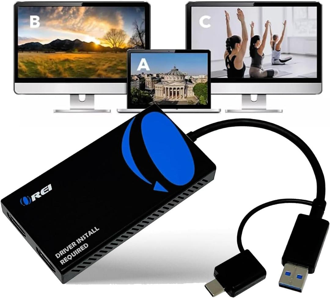 OREI SplitExtend HDMI Splitter Extended Display for Dual Monitor - Multi-Monitor Display 3 Separate Screens - USB A & USB-C Adapter to HDMI 2.0, 4K@30Hz Output 1, 1080p Output 2 for Windows, Mac OS G (Blue)
