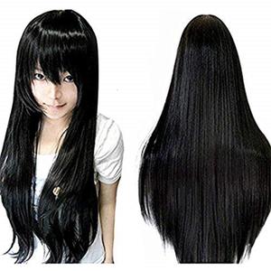 ANOGOL Hair Cap+32Inch/80cm Long Straight Black Wig Cosplay Synthetic Wig Long Black Wig with Bangs Peluca Negra Cosplay Wig for Halloween Anime Hair for Women Costume Party