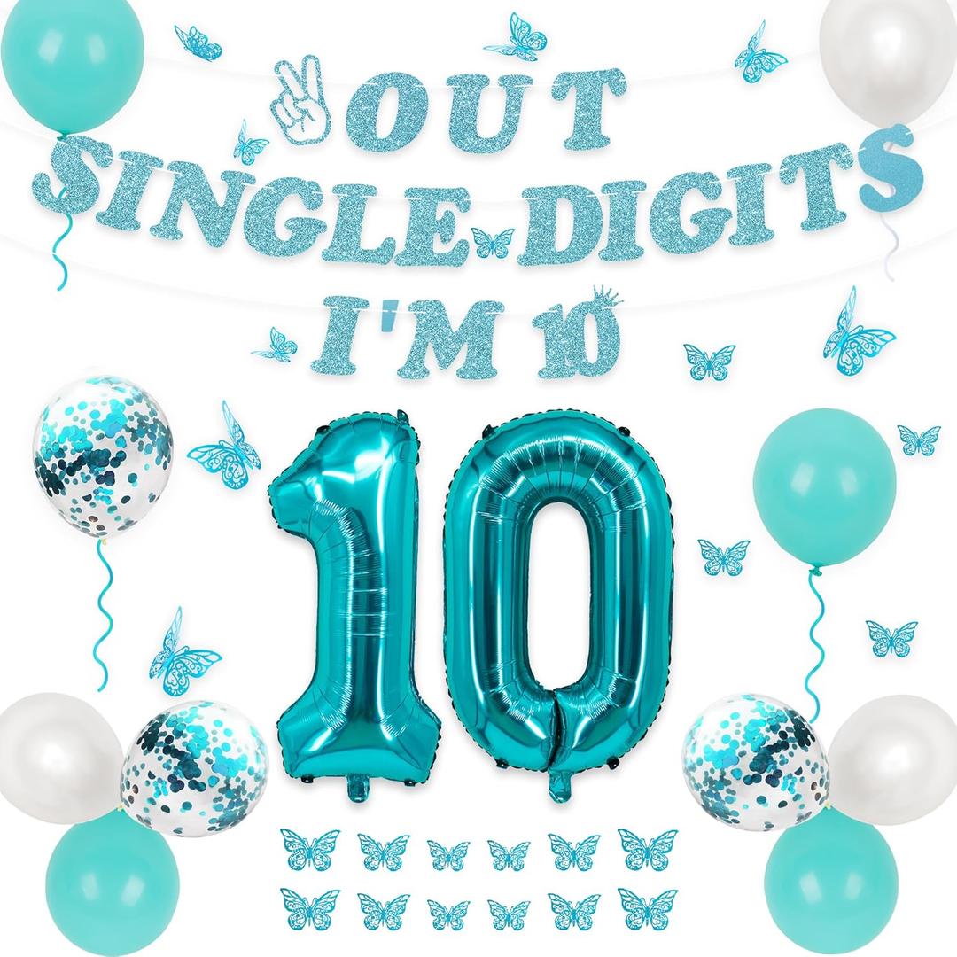 Holkcog 10th Birthday Decorations for Girls Teal, Double Digit Party Backdrop, 10 Year Old Girls Happy Birthday Balloons Butterflies, Peace Out Single Digits Tenth Party Supplies