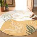 Lahome Boho Washable Round Rugs - 5ft Round Rug Non-Slip Soft Round Rugs for Living Room Throw Ultra-Thin Circle Area Rugs for Dining Room, Botanical Print Round Carpet for Nursery Classroom Office (Taupe)
