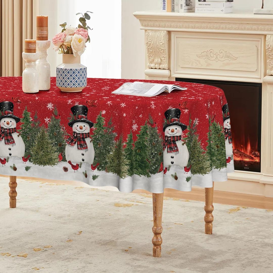 Horaldaily Christmas Tablecloth 6084 Inch Oval, Winter Snowman Trees Red Washable Seasonal Table Cover for Party Picnic Dinner Decor