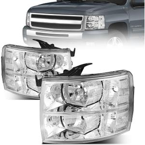 Front Headlight Assembly For 2007-2013 Chevy Silverado 1500 & 2007-2014 Chevy Silverado 2500 3500 Pickup - Replacement Headlamp, Front Bumper Lights (Chrome)