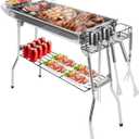 Portable Charcoal Grill, Large Stainless Steel Folding Grill with Side Table & Storage, Barbecue for outdoor Cooking Camping Parties Garden, Backyard Grilling and Family Picnics (39x13x28 In)