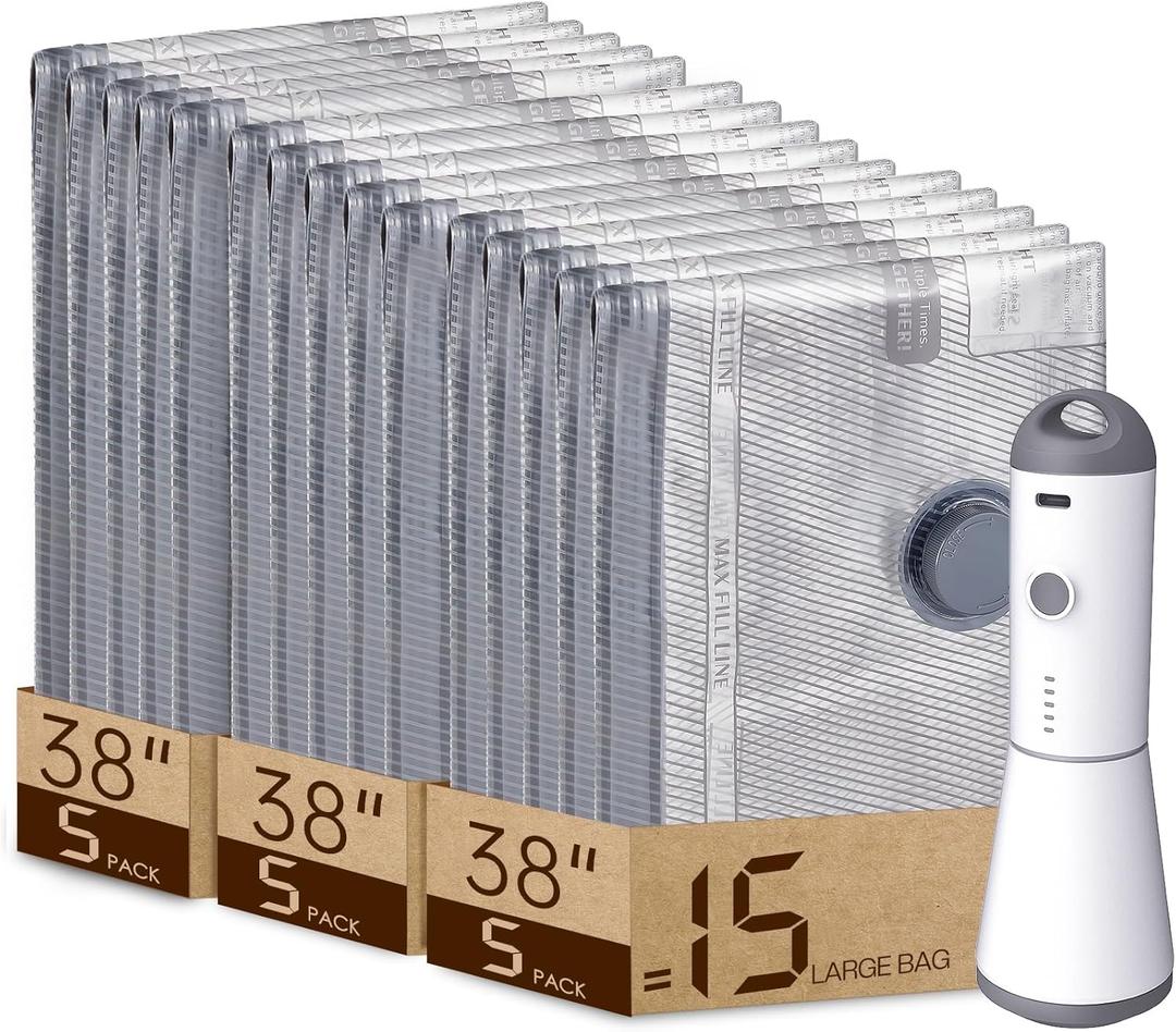 Vacuum Bags for Travel with Rechargeable air Pump, Carry-on Size Compression Packing Bags for Luggage and Suitcase, Space Saver for Clothes and Clothing 15 Large Size