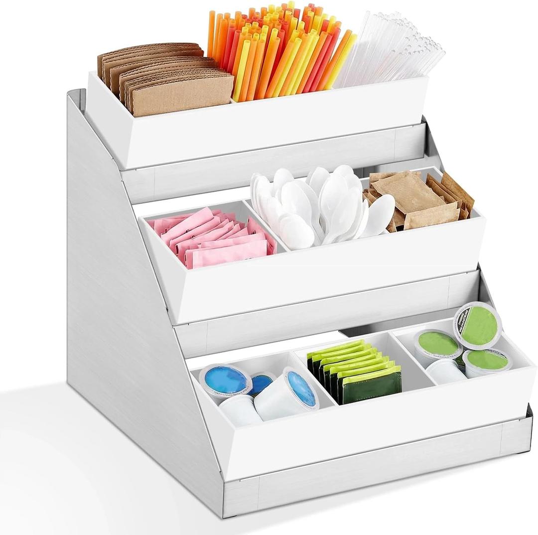 Maxdot Coffee Station Organizer, 3-Tier Stainless Steel Condiment Station with Acrylic Bins, 9 Compartments Condiment Organizer 13.4"x11.4"x12.4" for Coffee Bar Kitchen Office Breakroom Countertop