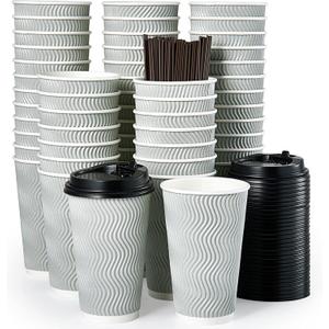 MUCHII 16 oz Disposable Coffee Cups, 80 Count Silver Grey Insulated Ripple To Go Cups With Lids and Straws for Tea, Hot Chocolate, and Drinks