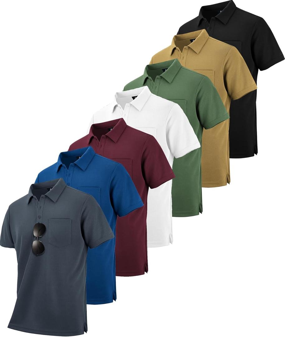 SCODI 7 Pack Polo Shirts for Men with Pocket Moisture Wicking Golf Polo Shirt Short Sleeve Outdoor Work Tactical Tshirt (XL, Black Grey Green Khaki Winered Blue White)