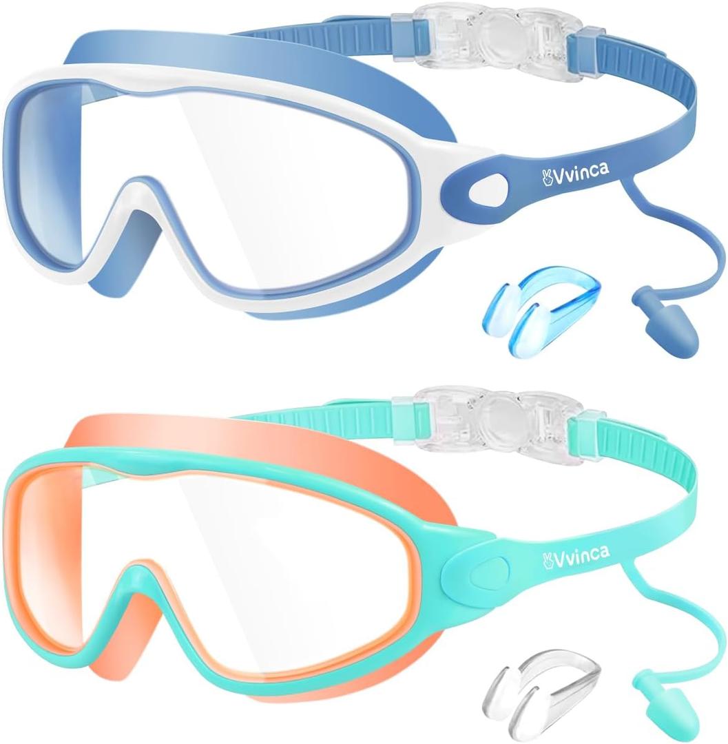 Vvinca Swim Goggles, Kids Goggles with Earplugs& Nose Clip Wide View Anti-Fog/UV Swimming Goggles for Age 3-15 Boys Girls
