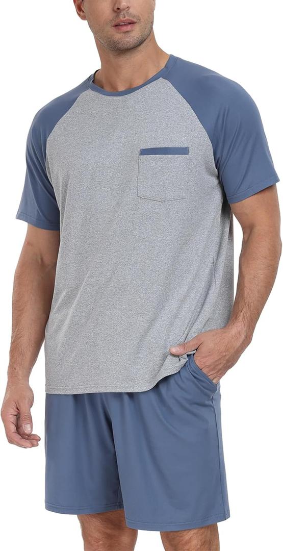 PrinStory Mens Pajama Sets Summer Pjs Sleepwear Nightwear Lightweight Quick Dry Soft Short Sleeve Sleep Set (Large, Gray Blue)
