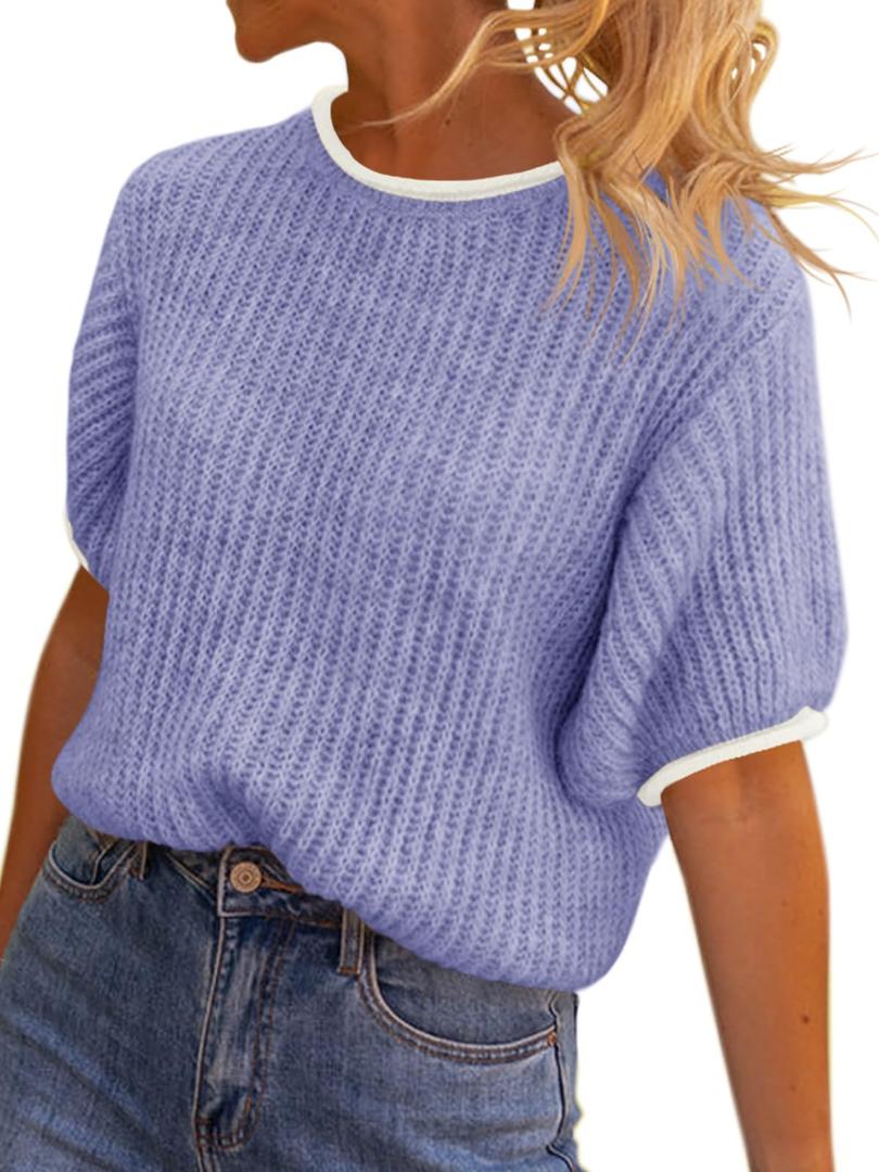 Saodimallsu Womens Puff Short Sleeve Sweater Tops Spring Summer Color Block Ribbed Knit Crew Neck Going Out Shirts Purple (Purple)