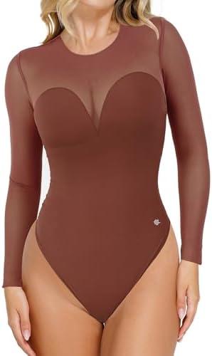 Popilush Long Sleeve Body Suits Wpomens Tummy Control Mesh Shapewear Corset Bodysuit Sheer Going Out Tops Fall Outfits Brown S
