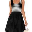 ZESICA Women's Summer Sleeveless Mini Dress 2025 Square Neck Striped Knit A Line Pleated Tank Dresses, 