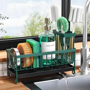 Cisily Sponge Holder for Kitchen Sink, Sink Caddy Organizer with High Brush Holder, Kitchen Countertop Organizers and Storage Essentials, Rustproof 304 Stainless Steel (Dark Green, 9.25)