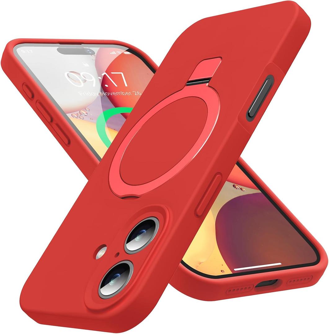 Designed for iPhone 17 Case with Magnetic Invisible Stand, [Compatible with Mag-Safe][Full Camera Protection]Liquid Silicone Shockproof Phone Case Cover with Anti-Scratch Microfiber Lining, Red