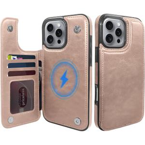 Wallet Case for iPhone 16 Pro 6.3, Compatible with MagSafe, Dropproof Heavy Duty Tough Rugged Shockproof, Leather Card Holder Kickstand Protective Cover Magnetic Phone Flip Case-Rose Gold