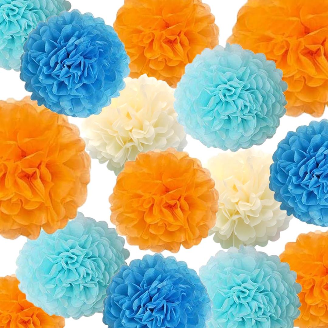 15PCS Blue Orange Party Decorations - Tissue Pom Poms Paper Flowers Streamers for Classroom Decor Graduations Blue Dog Birthday Backdrop Table Centerpieces Baby Shower Nursery Wall Ceiling Hangings