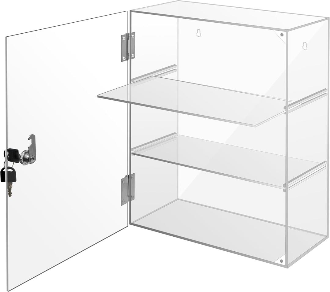Locking Display Case, Removable 3-Tier Acrylic Display Case with Lock Key, Clear Countertop Display case with Shelves Showcase Display Cabinet for Retail Store Collectibles Figures(11.8x5.9x15.7 inch)