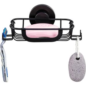 Soap Dish Bar Soap Holder Suction Cup with 4 Hooks, Stainless Steel Sponge Saver Tray for Shower Wall, Bathroom, Kitchen, Removable Rustproof Drill-Free, Black (Black-1 Tier)