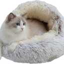 Calming Round Dog Beds &Cat Cave Bed with Hooded Cover, Plush Fluffy Dog Bed Anti-Anxiety Cat Cave Bed, Waterproof Bottom Washable (Coffee, 25.6X 25.6inch)