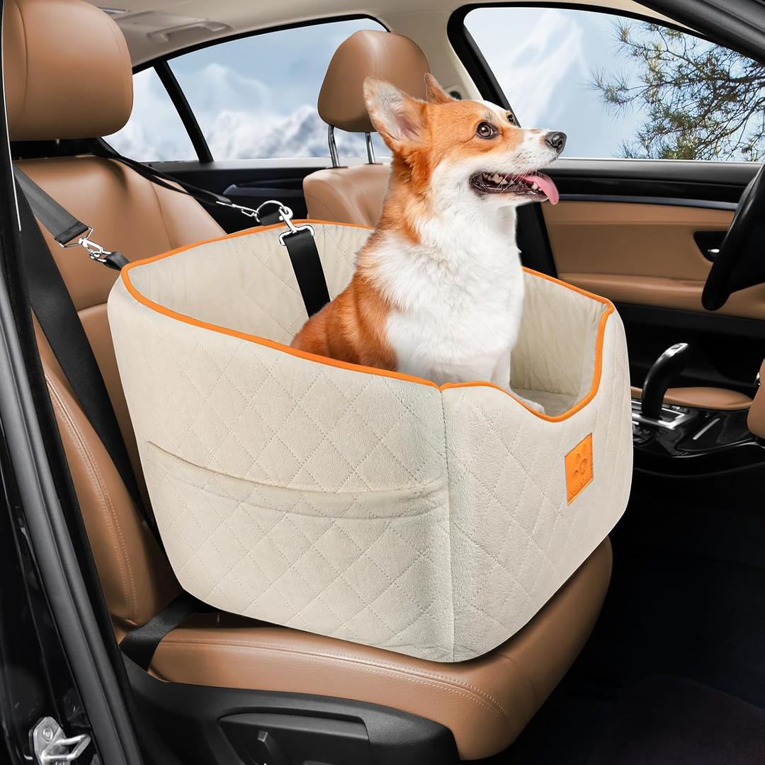 Dog Car Seat for Small Dogs, Memory Foam Booster Dog Seat for Dogs up to 35 lbs, Elevated Pet Car Seat, Travel Safety Pet Seat with Washable Removable Cover, Storage Pockets (Beige)