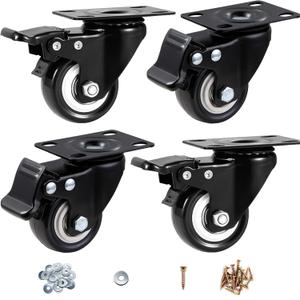 Casters, 2" Caster WheelsCasters Set of 4 Heavy Duty - ASRINIEY Black Polyurethane Castors, Top Plate Swivel Wheels, 4-Pack Industrial Casters with Brake, Locking Casters for Furniture and Workbench