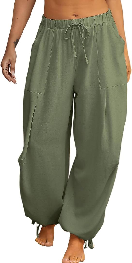 Women's Linen Balloon Barrel Beach Pants Boho Harem Flowy Drawstring Casual Loose Pants with Pockets (Green, M)