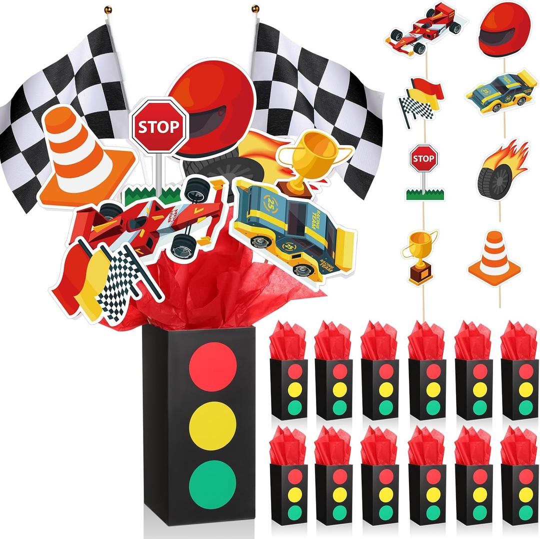 6 Sets Race Car Birthday Party Decorations Race Car Centerpieces for Tables with Traffic Boxes Themed Baby Shower Decoration Cutouts Checkered Flags for Birthday Theme Party Supplies