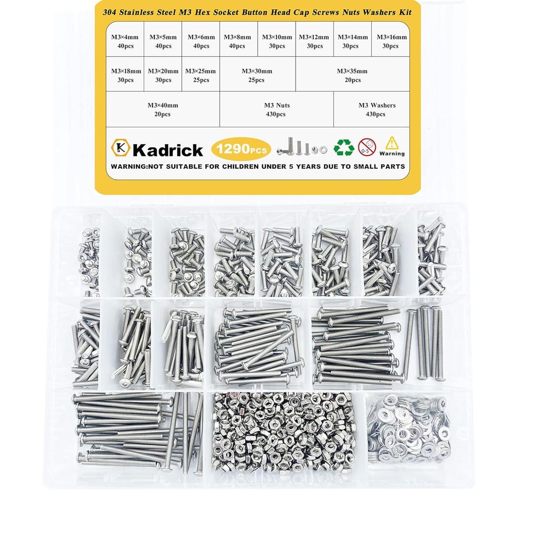 Kadrick 1290 Pcs M3 Metric Screw Aassortment,4mm-40mm Commonly Used 304 Stainless Steel Button Head Hex Socket Cap Bolts Nuts Washers Kit with Hex Wrench