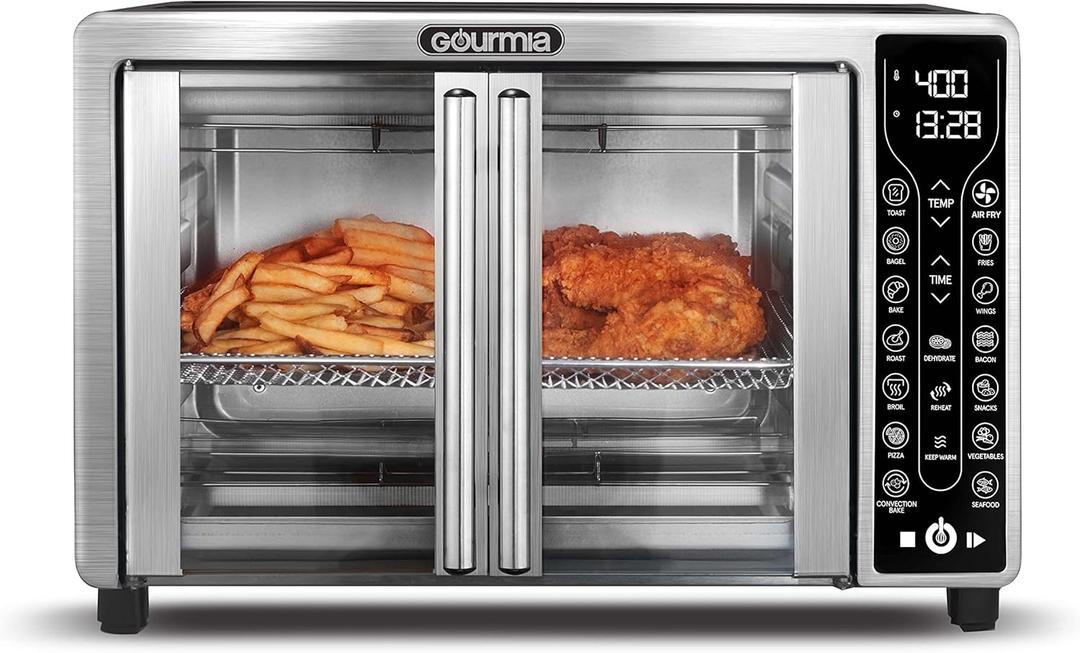 Gourmia French Door Air Fryer 25 Qt Large Capacity Convection Oven, Fryfroce 360°, Digital Display with 17 Cooking Presets, Bake, Toast, Roast, Dehydrate, Fits 12 Pizza (Stainless Steel)