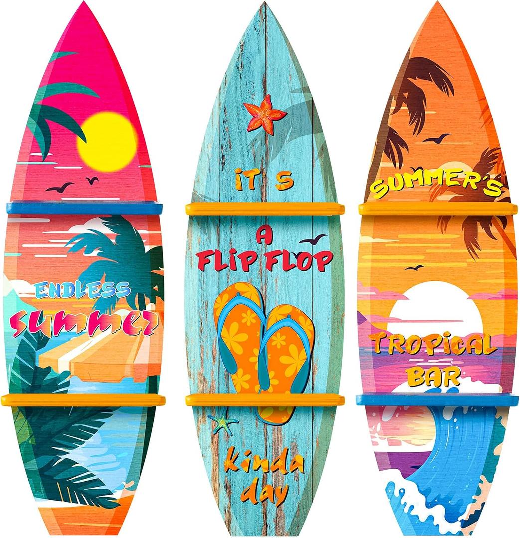 Lineshading 3 Pcs Surfboard Wall Decor Wooden Surfboard Wall Shelf Hanging Sign with Shelf Summer Beach Decoration Decorative Shelves for Home Room Tropical Birthday Party(Classic)