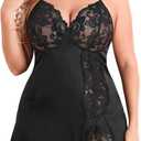 Avidlove Plus Size Lingerie For Women Sexy Satin Nightgown Lace Babydoll Side Slit Strappy Chemise Nightwear (18 Plus, Black)