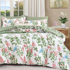 Green Comforter Set Queen Size Floral 7-Piece Bedding Set,Botanical Comforter Set with Pillowcases,Soft Microfiber Complete Bedding Sets for All Season