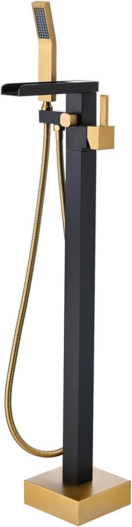 BAGNOLUX Solid Brass Floor Mount Bathtub Faucet Free Standing Tub Faucet Freestanding Tub Filler Black Gold High Flow Rate Swivel Spout with Hand Shower, YGSLT-Waterfall Black+Gold