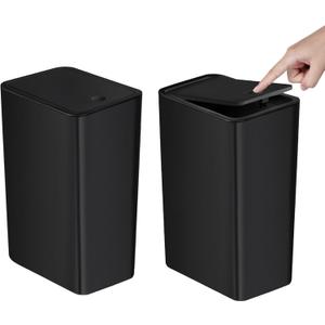 TIPGO Bathroom Trash Can with Lid, 10 Liter/ 2.6 Gallon Slim Garbage Can, Small Trash Bin Waste Basket with Pop-Up Lid for Kitchen, Bedroom, Living Room, Office (2 Pack, Black)