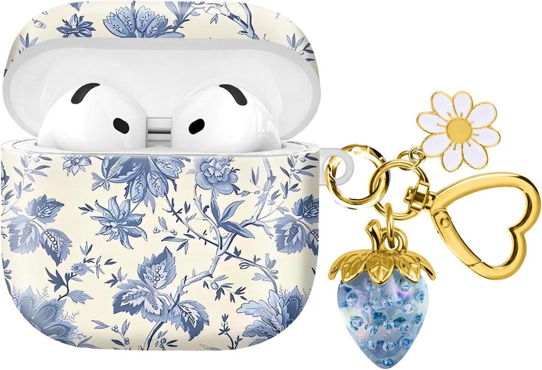 Compatible with AirPod 4,2024, The Full-Protection Shockproof Wireless Earphone case Comes with a Cute and Beautiful Strawberry Keychain Pendant, Suitable for LadiesFlowers Blue Strawberry