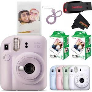 Fujifilm Instax Mini 12 Instant Camera Lilac Purple with Sandisk 32 GB USB Flash Drive + 40 Sheets Fujifilm Instax Mini Film Bundle, Sunshine Photo Microfiber Cleaning Cloth Included