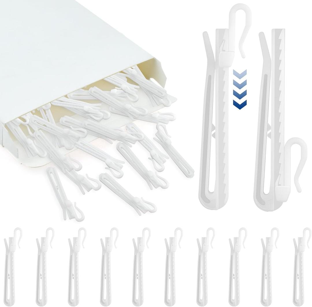 50 Pcs White Plastic Curtain Hooks, 85mm Adjustable Pinch Pleat Drapery Hooks with Ratchet System for Window Drapes, Door & Shower Curtains