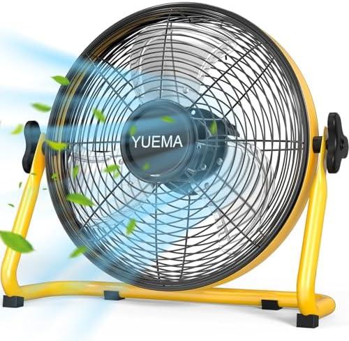 YUEMA Battery Operated Powered 14 Inch Floor Fan High Velocity Rechargeable Fan Cordless Metal Blade Portable Fan for Camping Travel Patio Tent Indoor Outdoor 360 Degree Manual Tilt 12 Speed