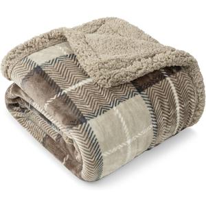 Pavilia Taupe Plaid Sherpa Throw Blanket - Plus Plush Flannel Fleece Blanket - Warm Cabin Sofa Bed Winter Throws 50x60