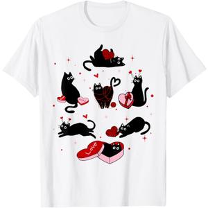 Cute Black Cat Kitten Red Heart Happy Valentine Black Cat Men Women T-Shirt, XS