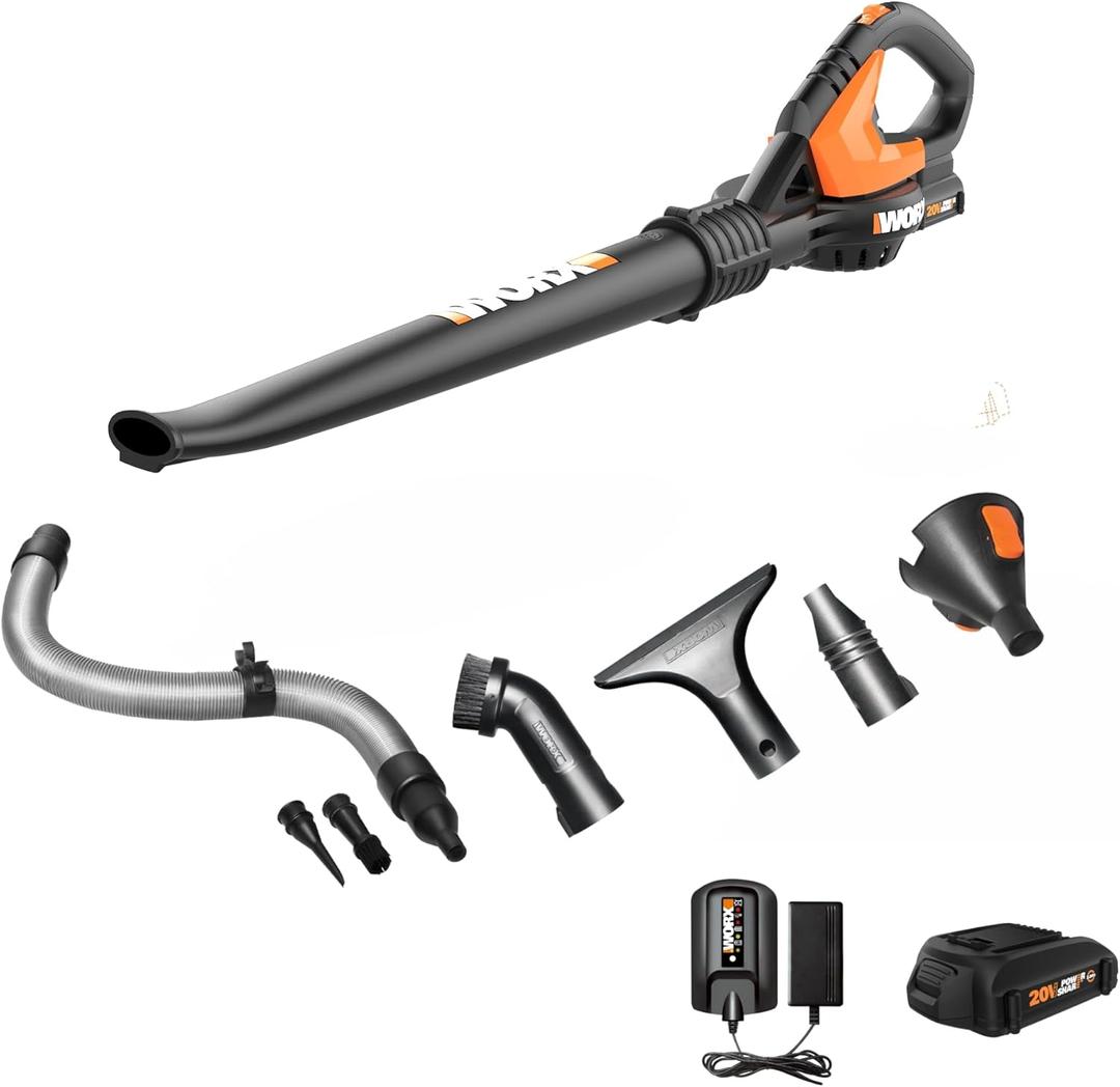 WORX 20V Cordless Leaf Blower WG545.1, Up to 120 MPH Air Speed, Long Nozzle Design for Narrow Spaces, Ideal for Indoor and Outdoor Cleaning, 9X Cleaning Attachments, Battery and Charger Included