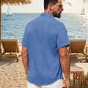 Alimens & Gentle Mens Linen Shirt Short Sleeve Button Down Shirt Casual Summer Beach Vacation Wedding Linen Texture Shirts (Blue, L)
