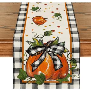 Artoid Mode Pumpkin Bow Buffalo Plaid Fall Table Runner,Seasonal Autumn Kitchen Dining Table Decoration for Home Party Decor 13x72 Inch (Black/Beige/Orange)