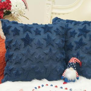 GEEORY Blue Star Soft Fluffy Plush Pillow Covers 18x18 Inch Set of 2, Faux Fur Wool Cushion Case -Patriotic Decor for 4th of July & Memorial Day GC028-18