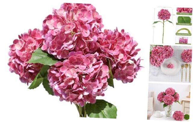 dallisten 5PCS 20'' Rose red Artificial Hydrangea Flowers Latex Faux Hydrangeas Realistic Silk Hydrangea with Stems for Home Decor Weddings Table Floral Arrangements Centerpieces Party Decorations