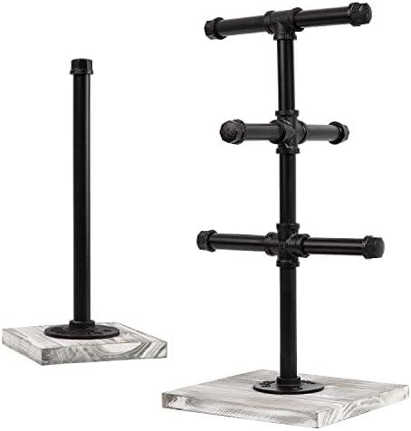 ExoLiry Mug Hanging Rack Kitchen Paper Towel Holder Set of Two Industrial Black Metal Pipe Rustic Gray Wooden Base 2 Piece Wood Organizer Multiple Branches Tree Coffee Cups Teacups Tissue Home Counter