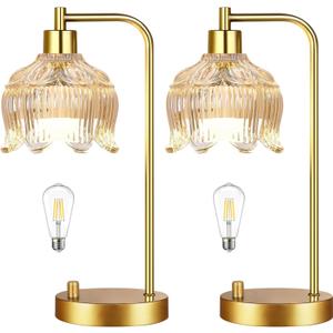 Glass Table Lamp Set of 2,Small Gold Bedside Lamps Dimmable Boho Bedroom Lamp with Tulip Flower Amber Lamp Shade,Vintage Mid Century Modern Mini Nightstand Lamp for Bedroom Living Room