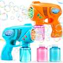 JOYIN 2 Bubble Guns with 2 Refill Solution (10 oz Total), Automatic Bubble Maker Blower Machine for Kids, Toddlers, Outdoors, Party, Birthday Gift, Easter Toys (Blue, Orange)